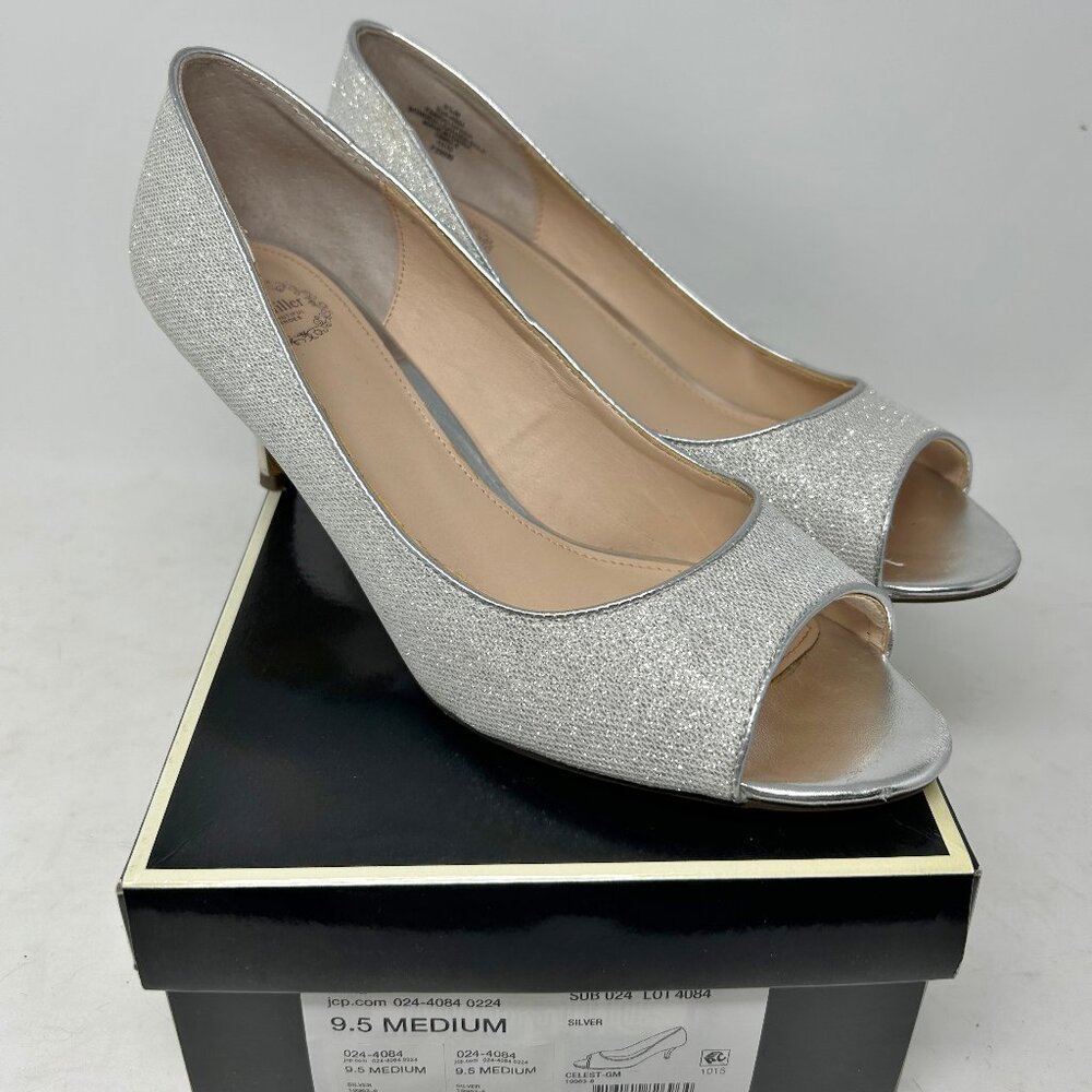 I. Miller Women’s Shoes sz  9 ½  Silver Glitter Heels Pumps Open Peep Toe Formal